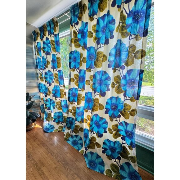 Vintage pleated curtain, huge blue green floral, thick oversized panel, for each - Picture 2 of 10